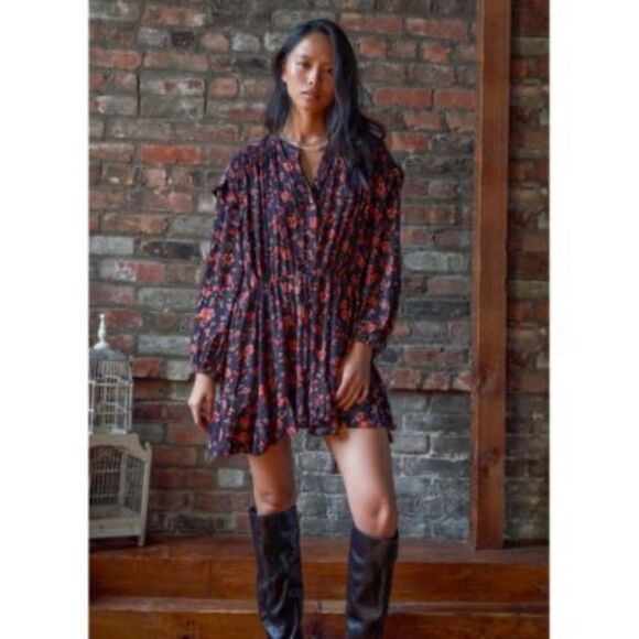 Free People Flower Fields Mini Dress Floral Black Red Boho XS Oversized - Picture 11 of 11